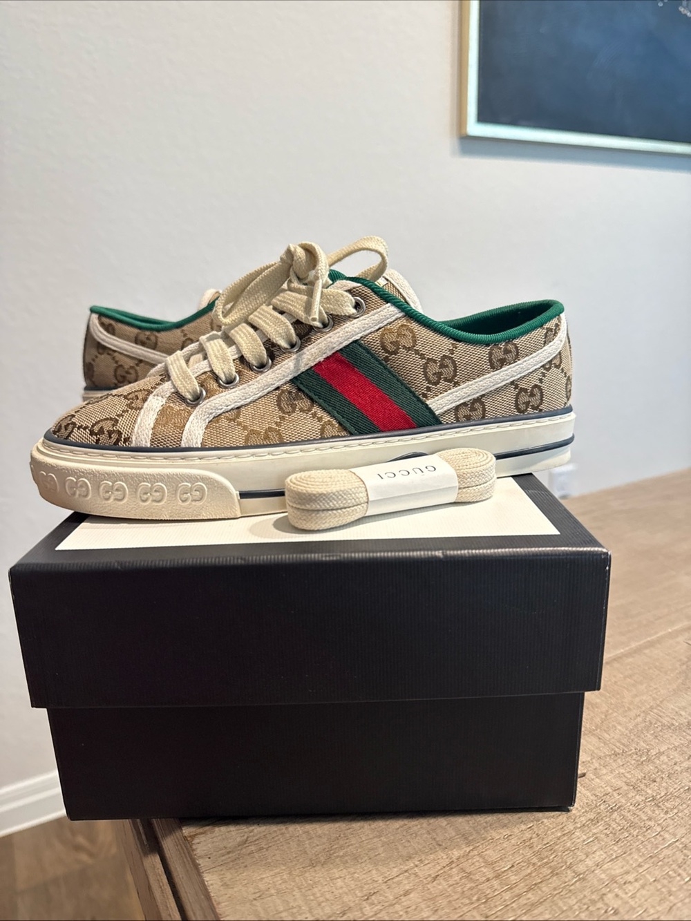 Gucci Beige GG Canvas Sneakers with Green and Red Web